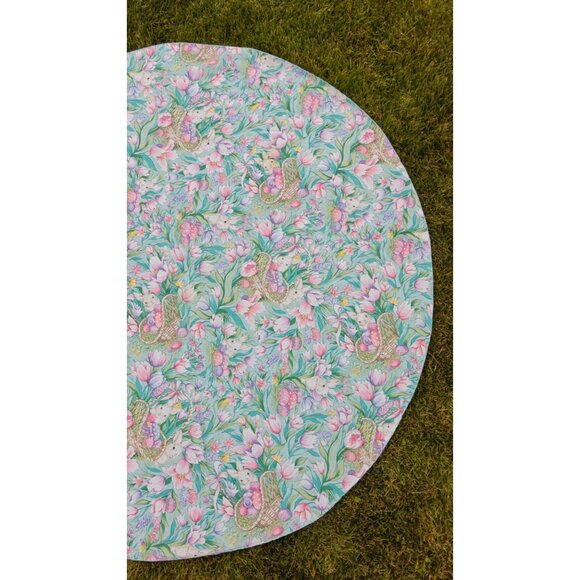 Vintage Round Easter Floral Tablecloth With Bunnies Eggs Flowers 58" - Picture 3 of 6